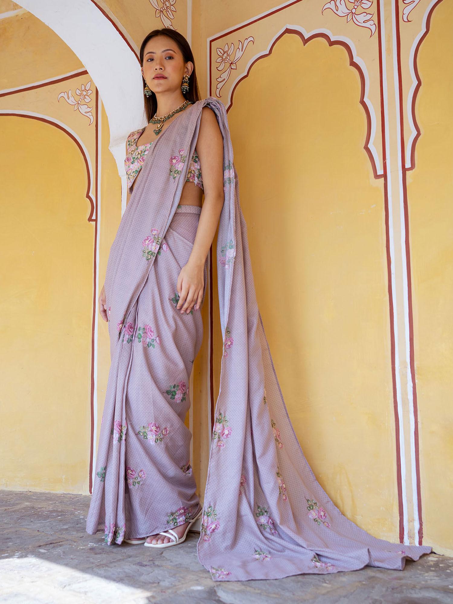 mocha grey floral polka dot concept saree with stitched blouse