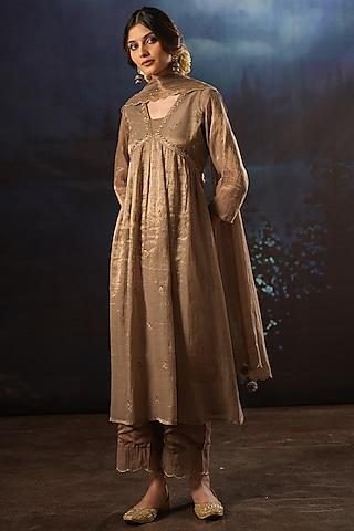 mocha handwoven tissue silk embroidered gathered kurta set