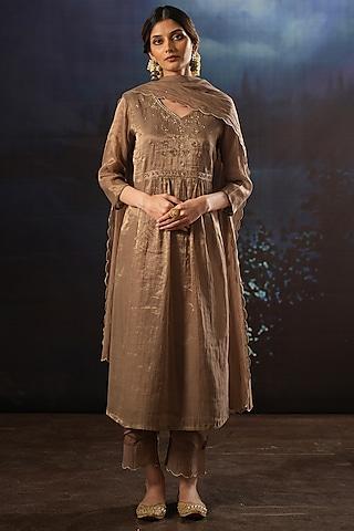 mocha handwoven tissue silk embroidered kurta set