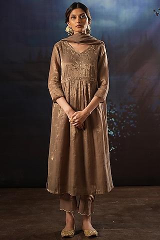 mocha handwoven tissue silk embroidered kurta set