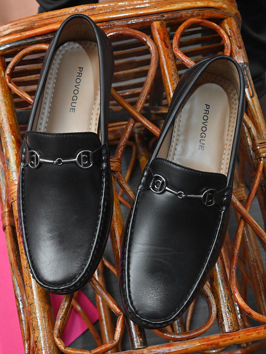 mochi men black solid leather formal slip-on loafers
