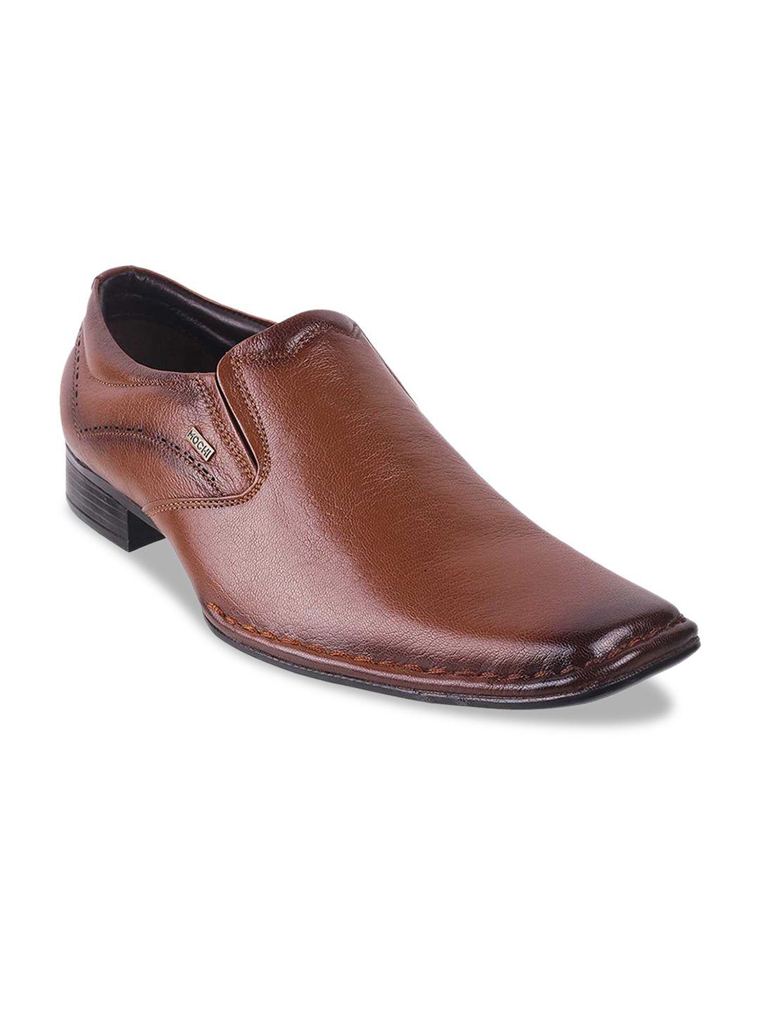 mochi men brown solid leather formal slip-ons