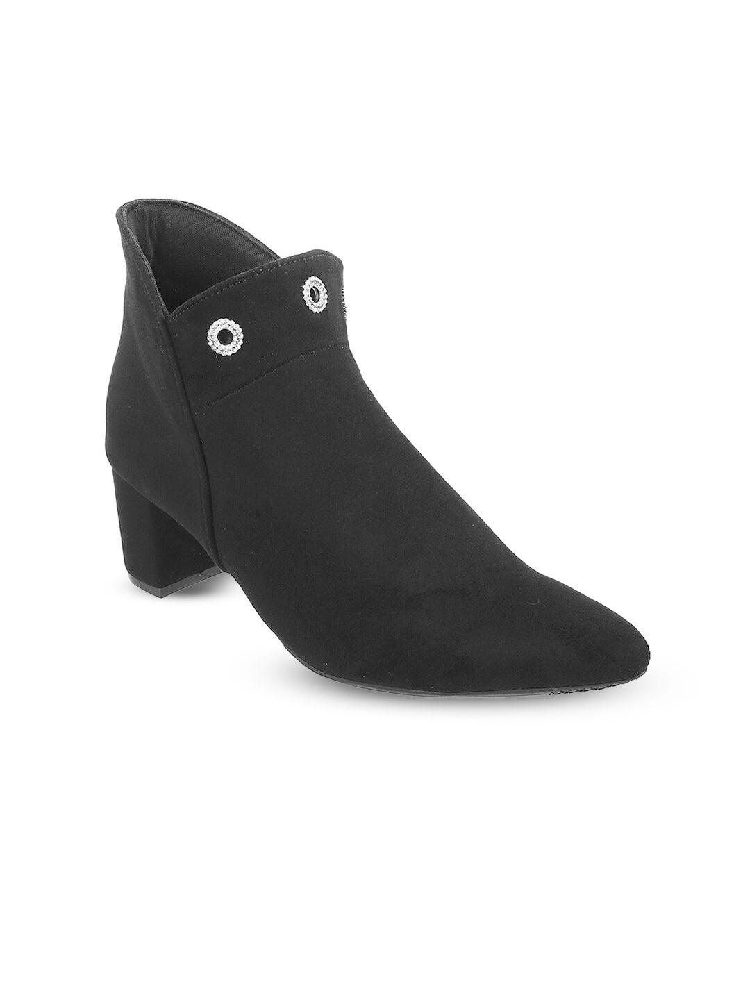 mochi pointed toe mid top blocked heeled boots