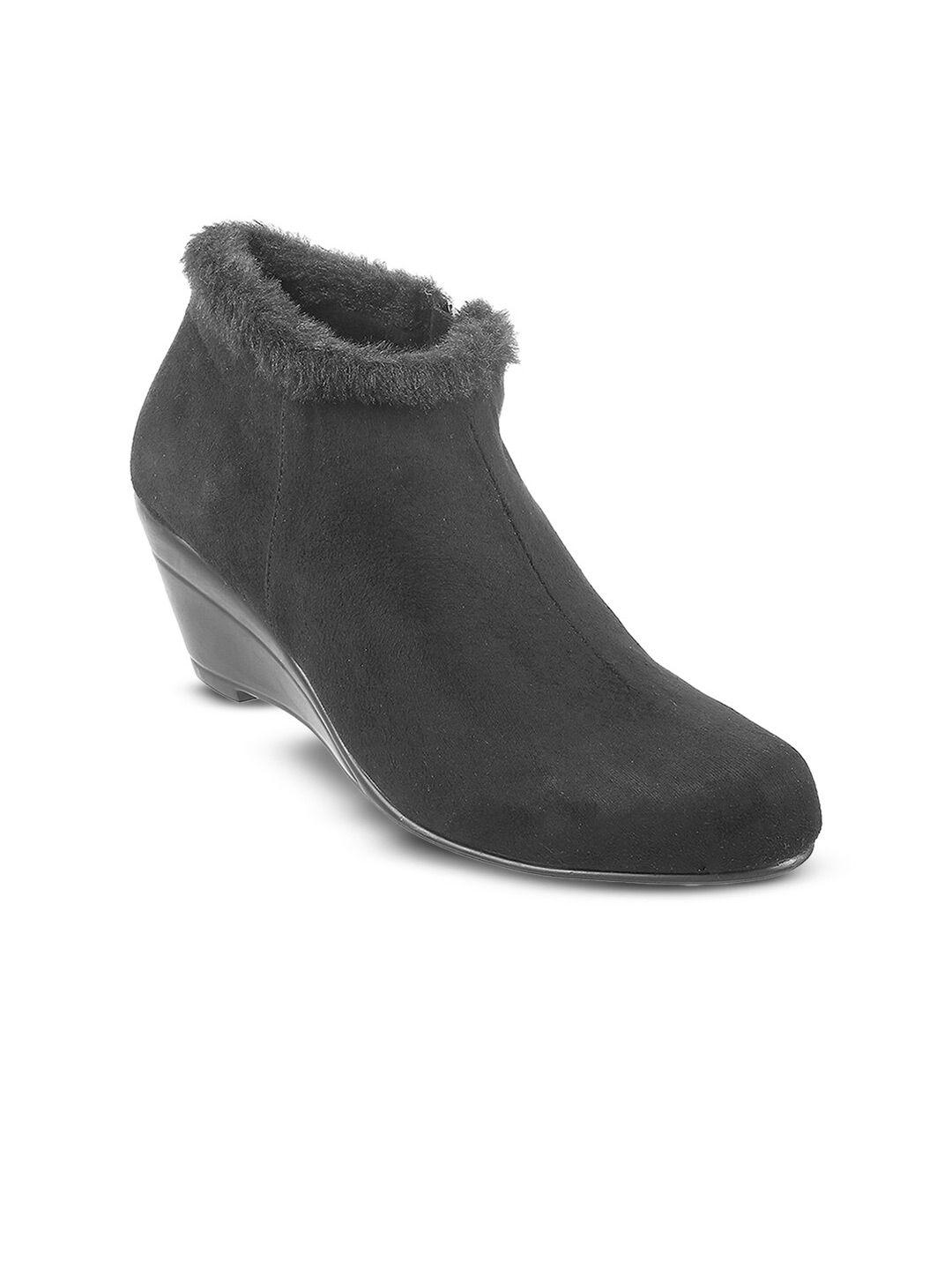 mochi round toe wedge heeled mid-top boots with faux fur trim detail