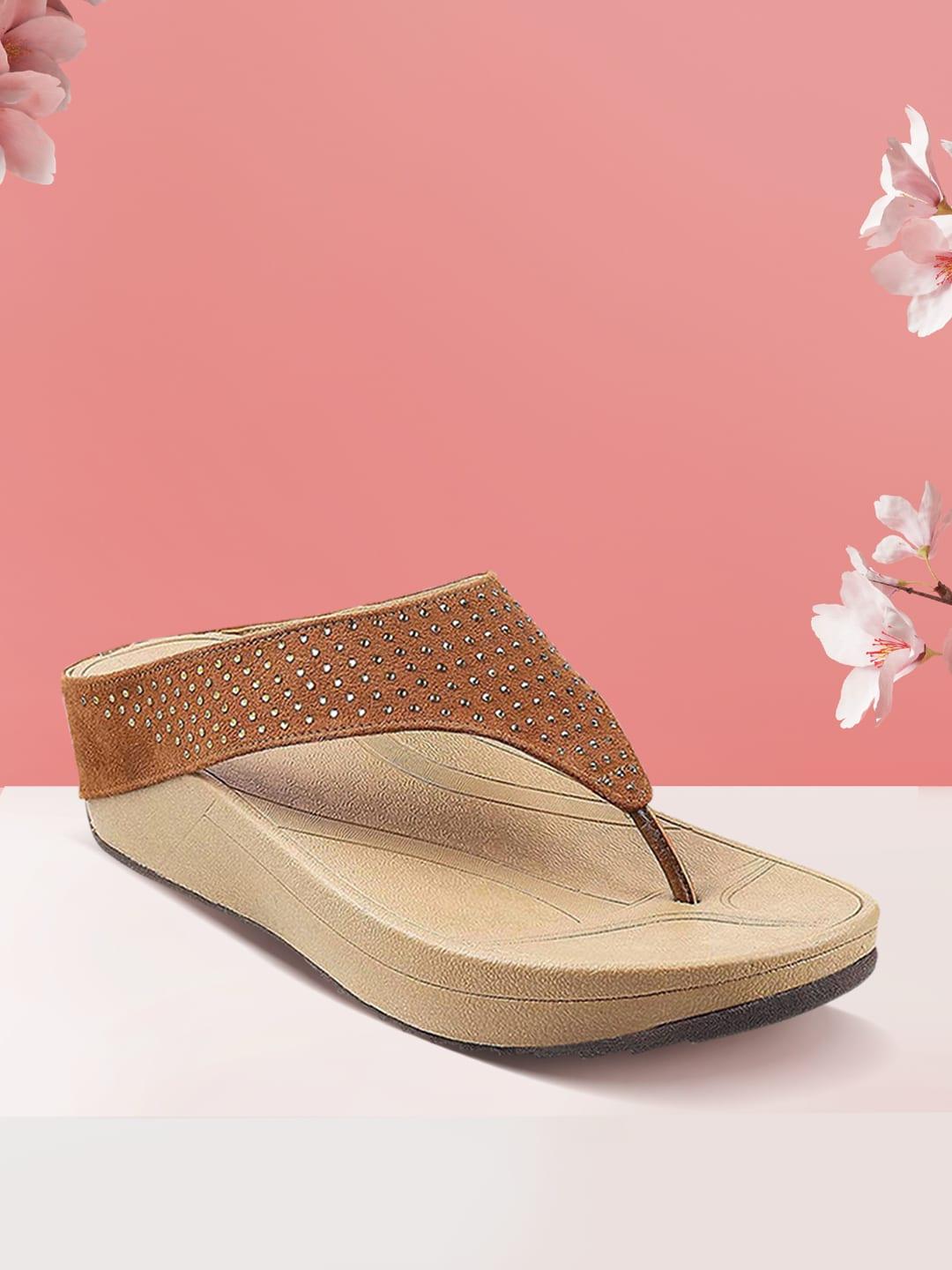 mochi women tan brown & gold-toned embellished comfort heels