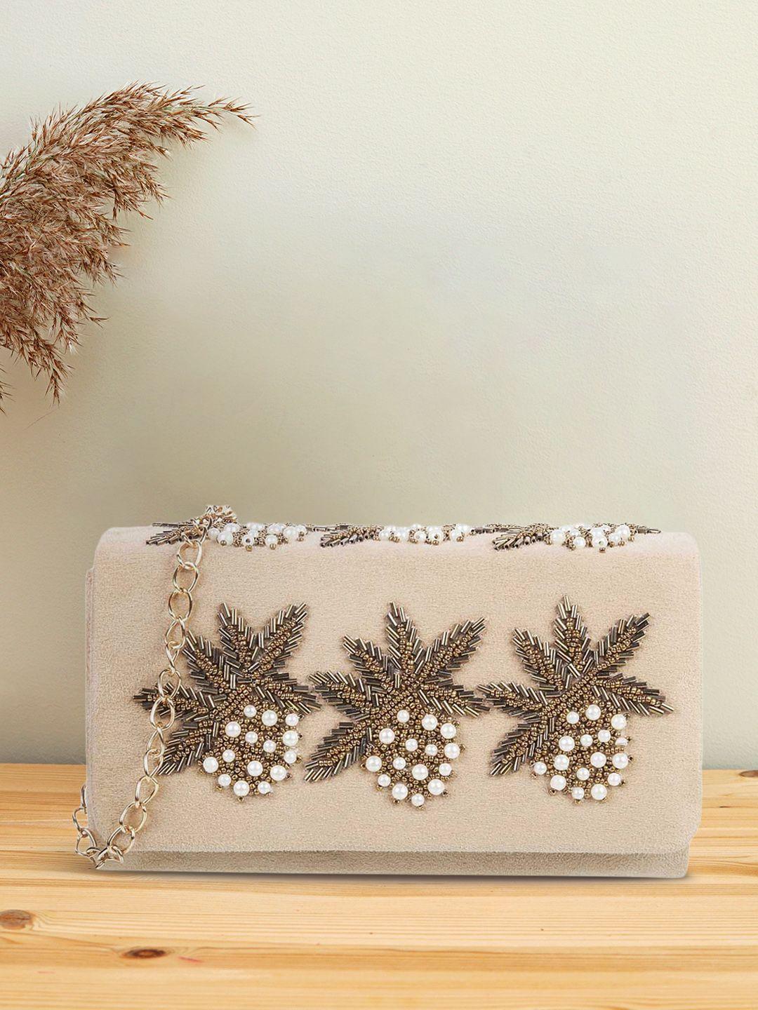 mochi beige & gold-toned embellished sling bag