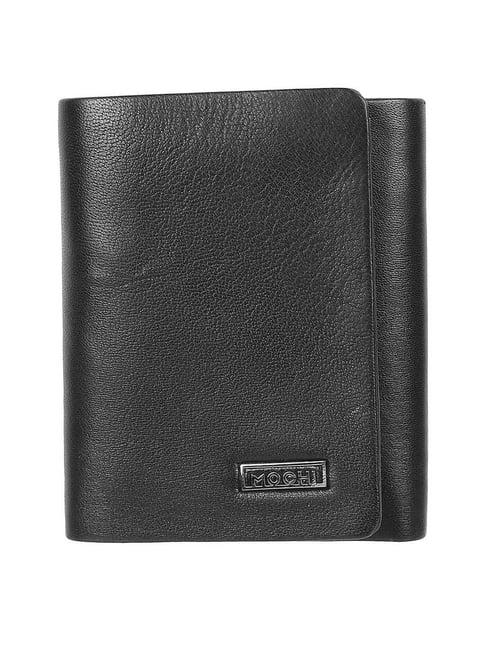 mochi black casual leather tri-fold wallet for men