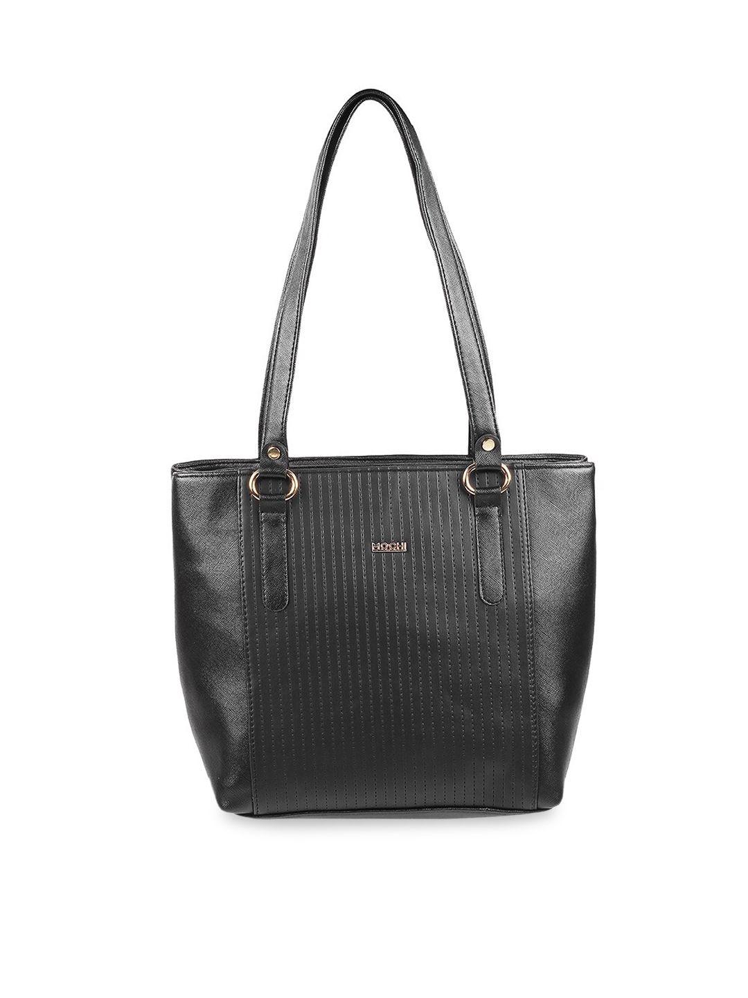 mochi black textured pu structured shoulder bag with quilted