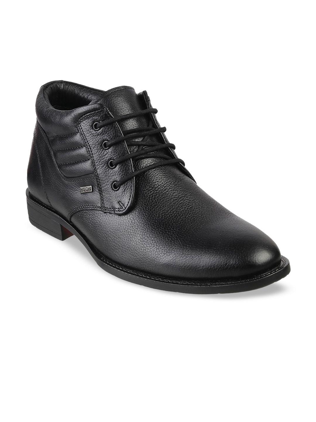 mochi men black solid leather boots