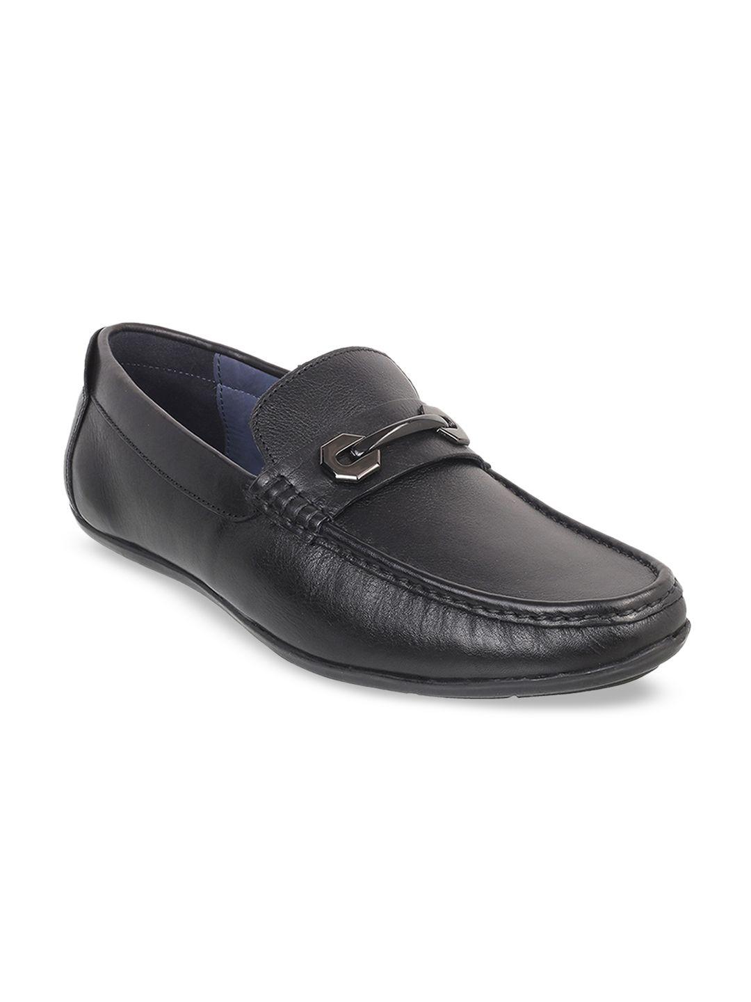 mochi men black solid leather formal horsebit loafers