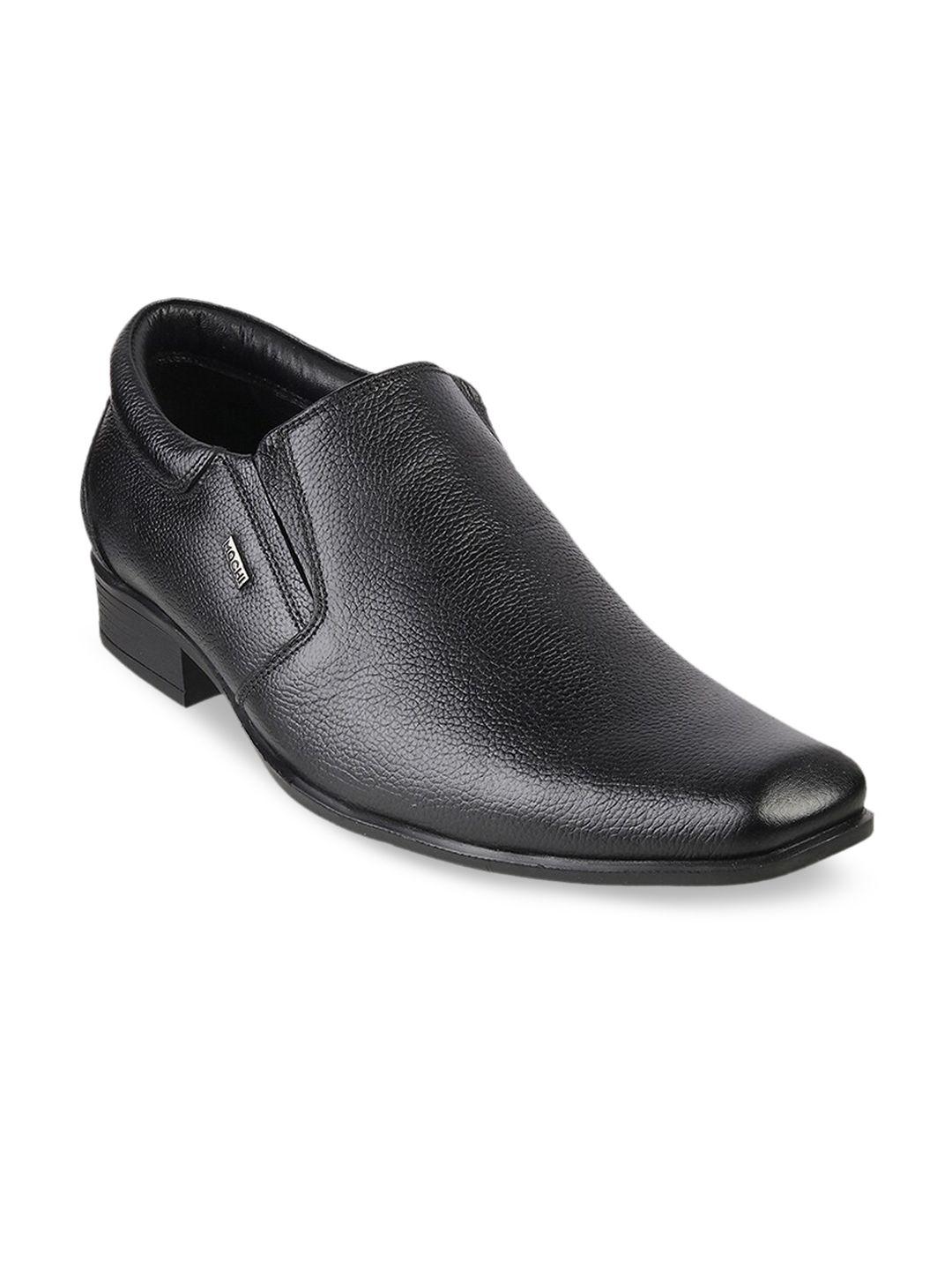 mochi men black solid leather formal slip-ons