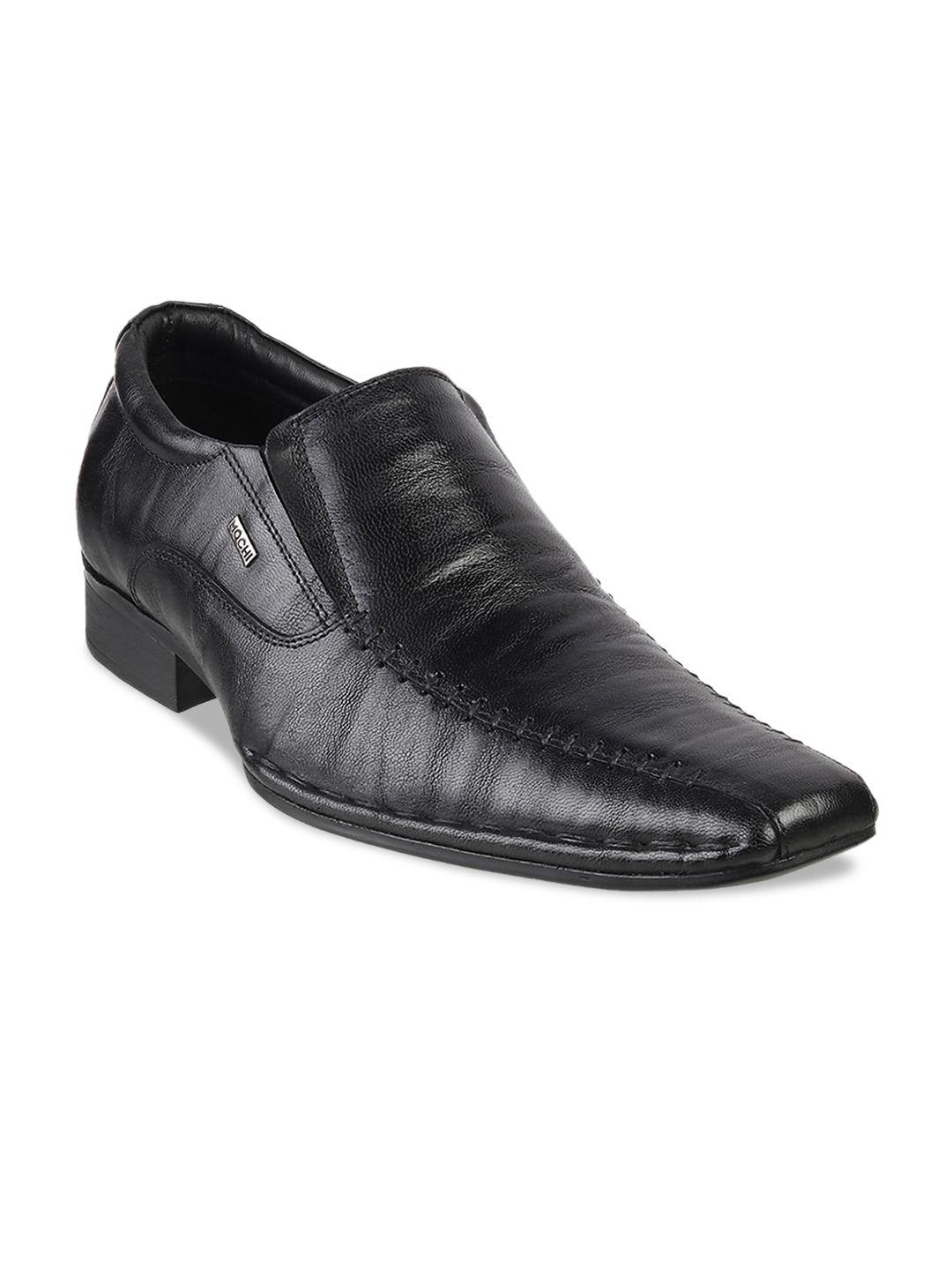 mochi men black solid leather formal slip-ons