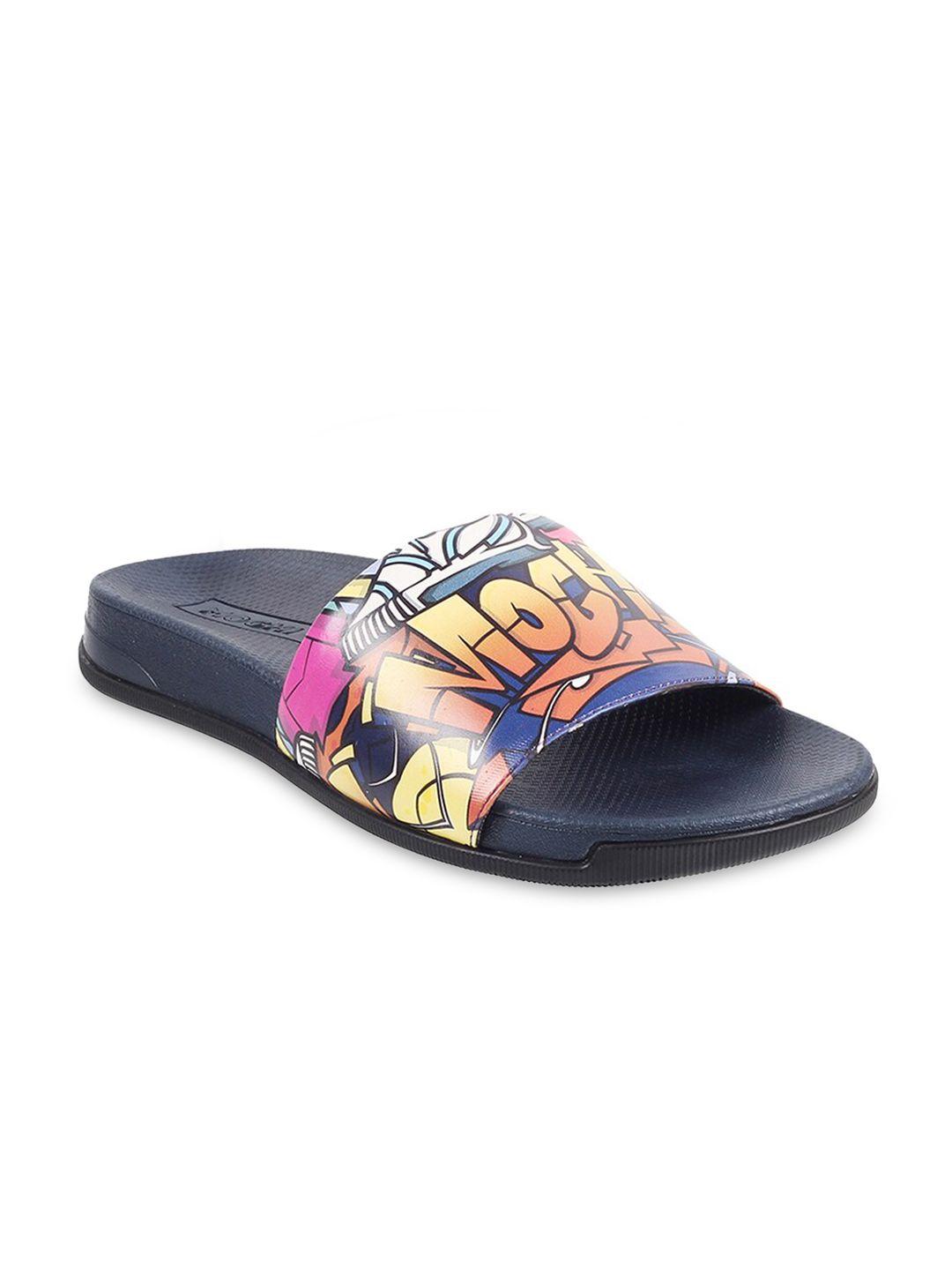 mochi men blue & yellow printed sliders