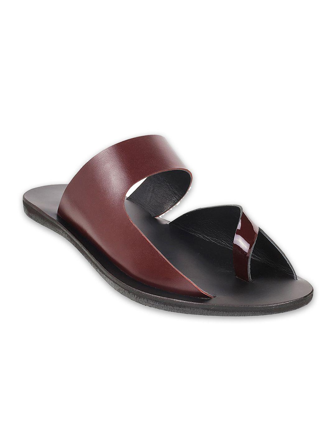mochi men maroon & black leather comfort sandals