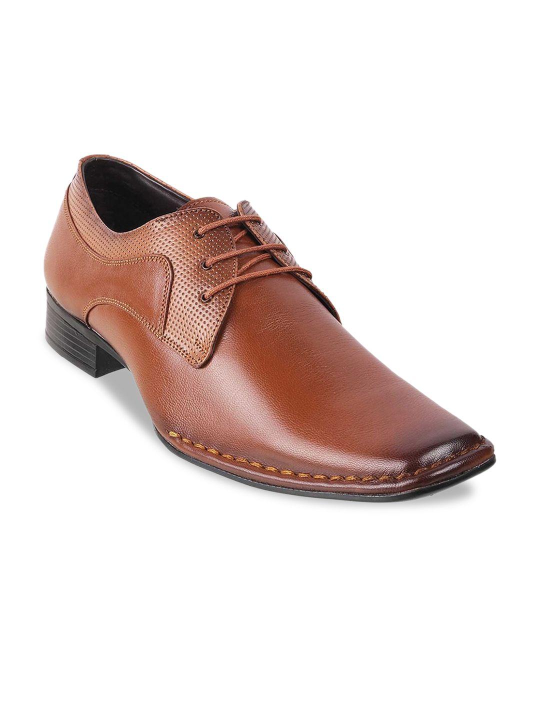 mochi men tan brown solid leather formal derbys