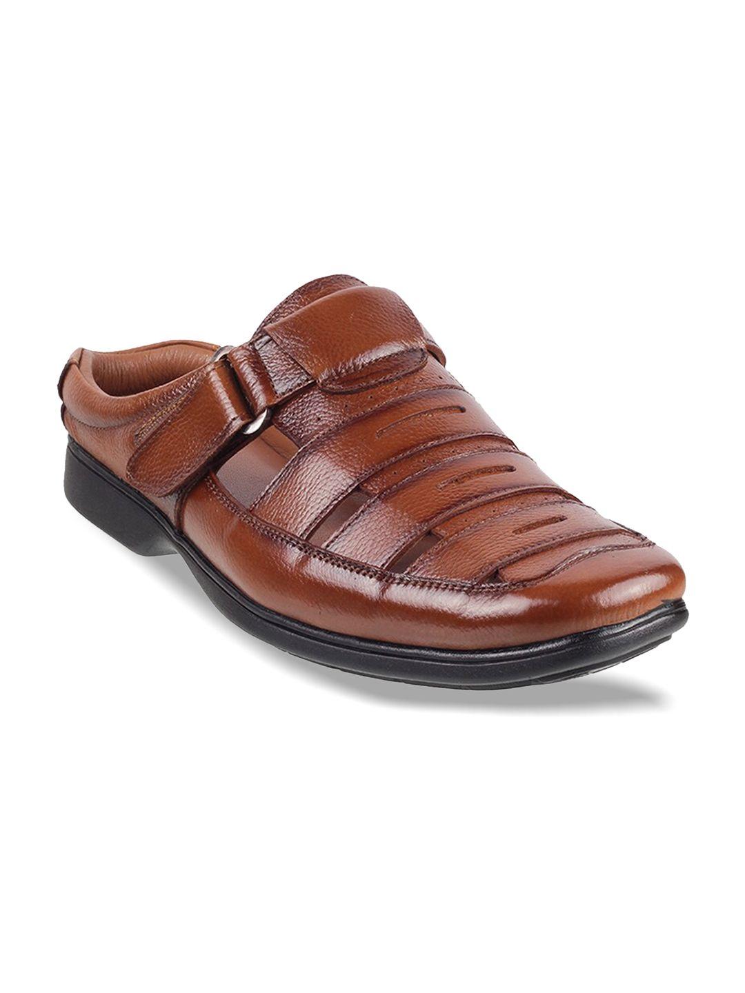 mochi men tan solid leather shoe-style sandals