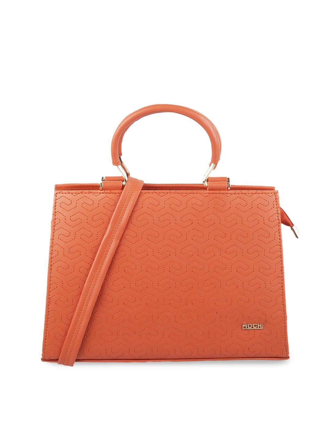 mochi orange textured structured handheld bag with quilted