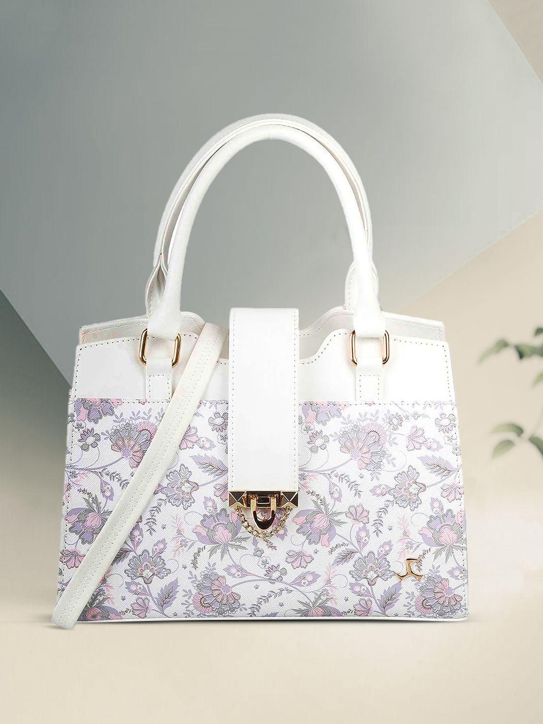 mochi white & purple floral printed pu structured handheld bag
