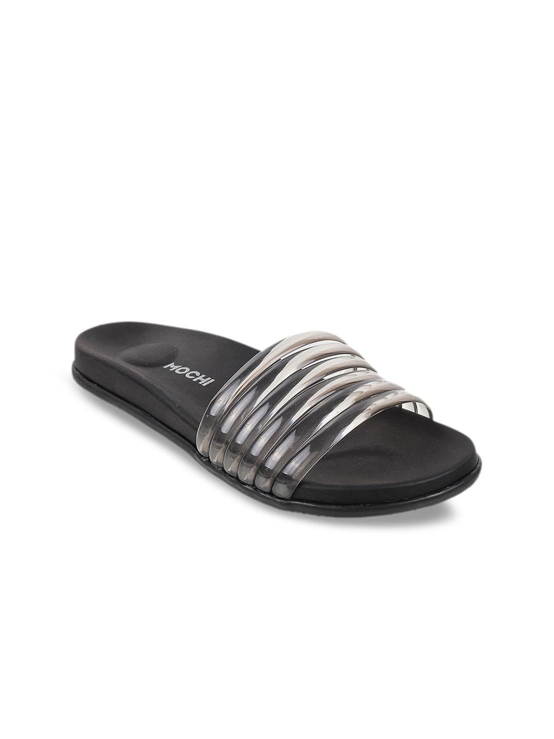 mochi women black striped open toe flats