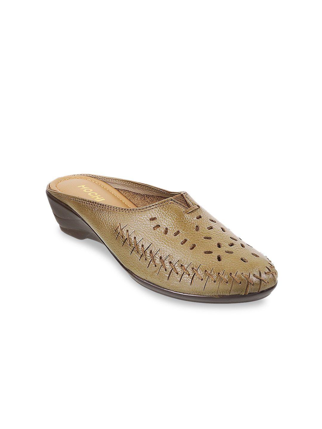 mochi women brown solid leather mules