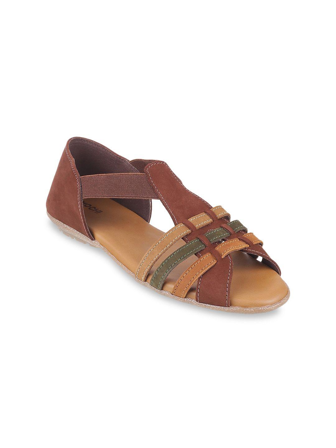 mochi women brown woven design suede open toe flats