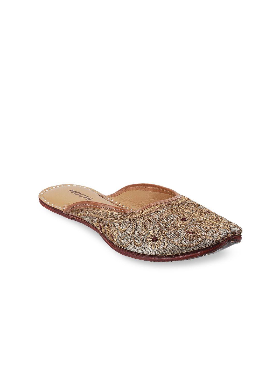 mochi women gold-toned ethnic mules with embroidered flats