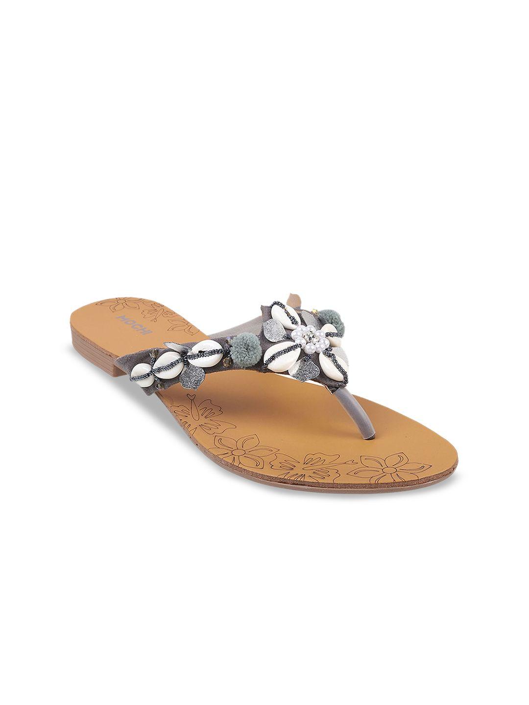 mochi women grey colourblocked t-strap flats with bows