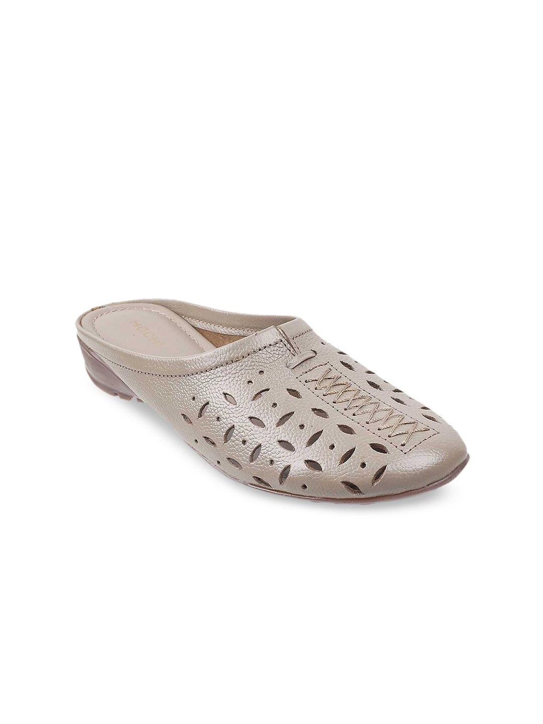 mochi women grey mules with laser cuts flats