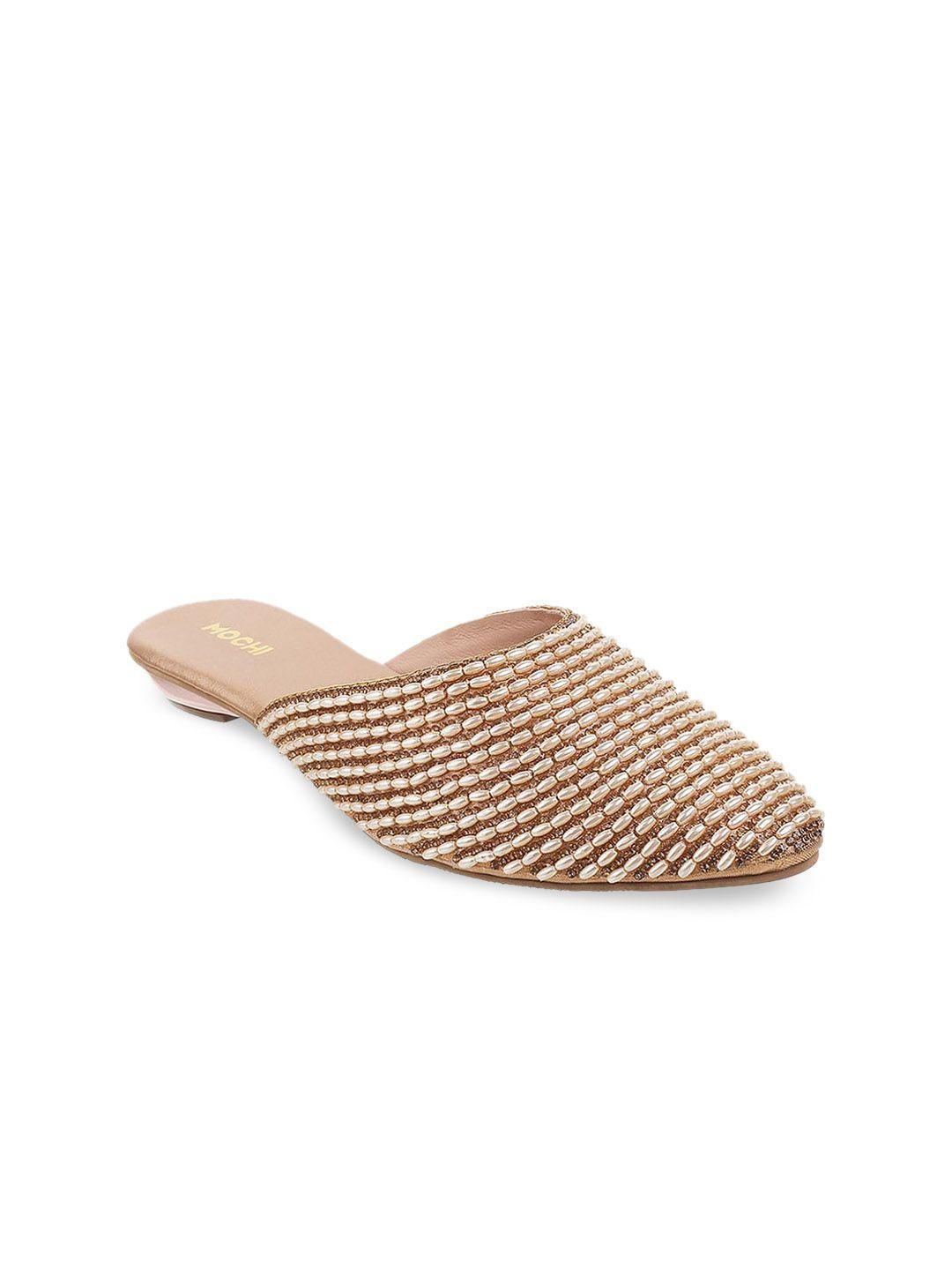 mochi women peach-coloured embellished mules flats