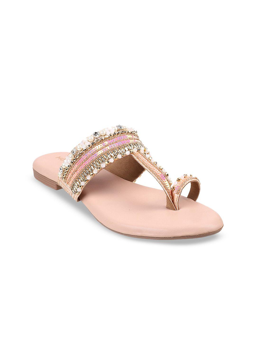 mochi women peach-coloured embellished one toe flats