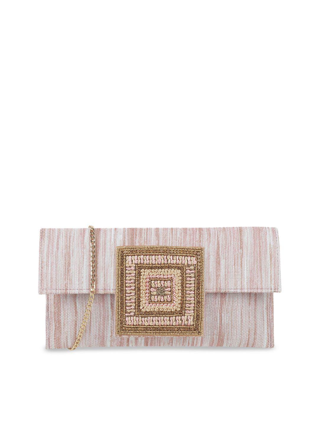 mochi women pink & gold-toned embroidered clutch