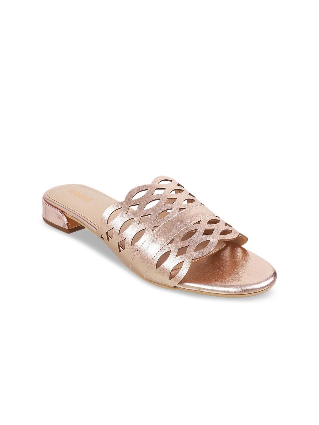 mochi women rose gold solid open toe flats