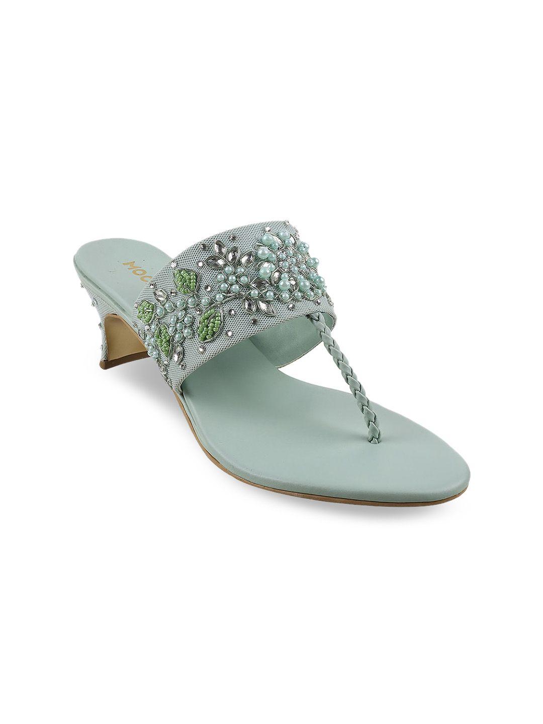 mochi women sea green embellished kitten sandals