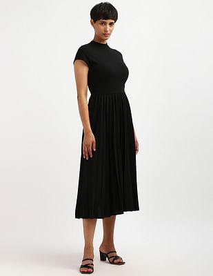 mock neck pleated midi dress