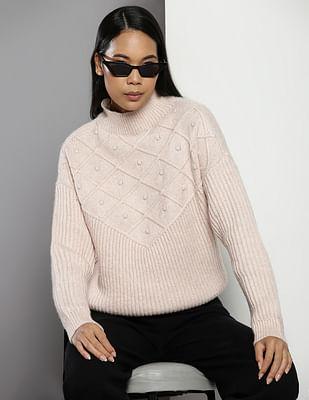 mock neck popcorn knit sweater