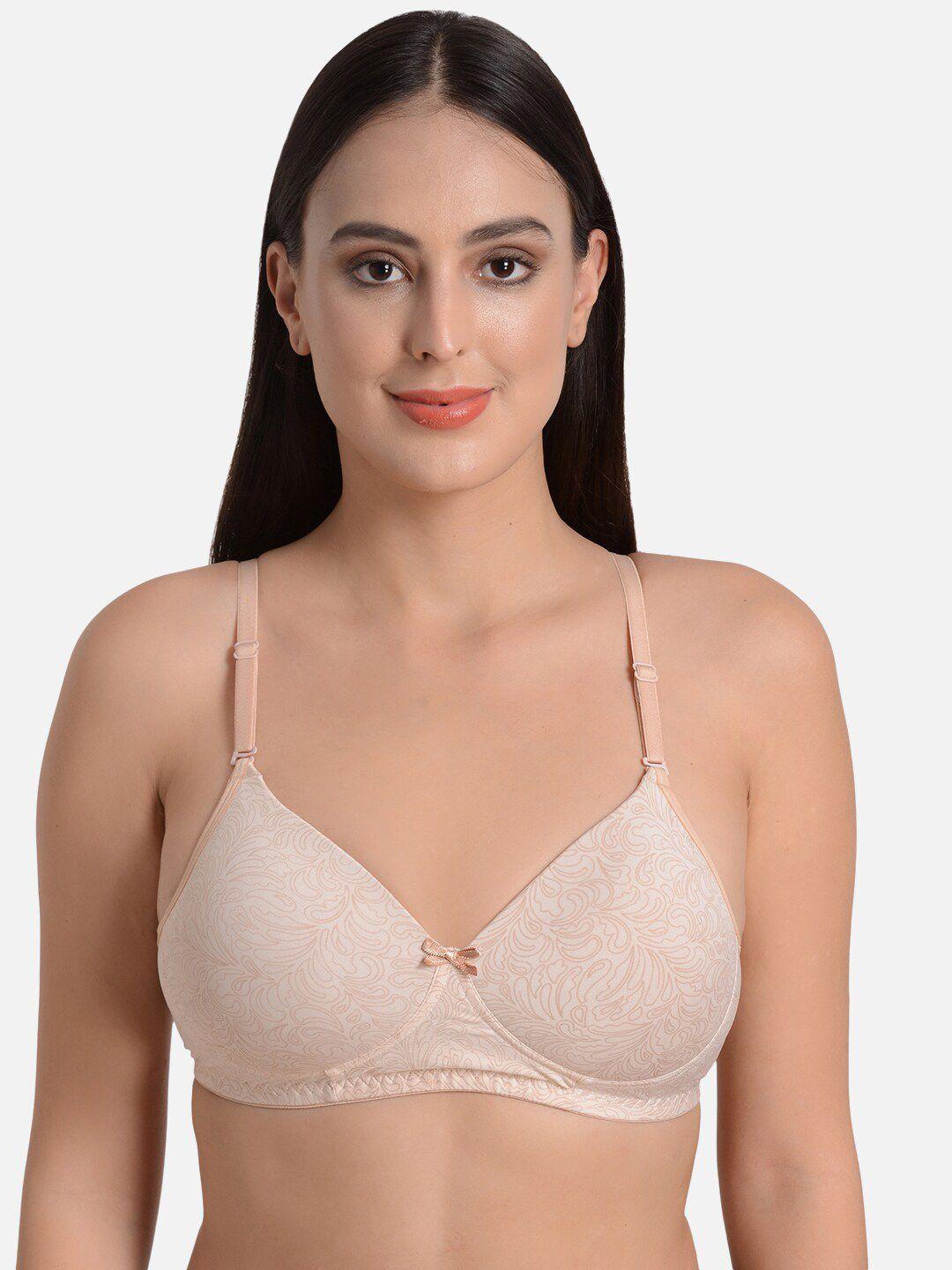 mod & shy beige & peach-coloured floral printed t-shirt bra - lightly padded non-wired