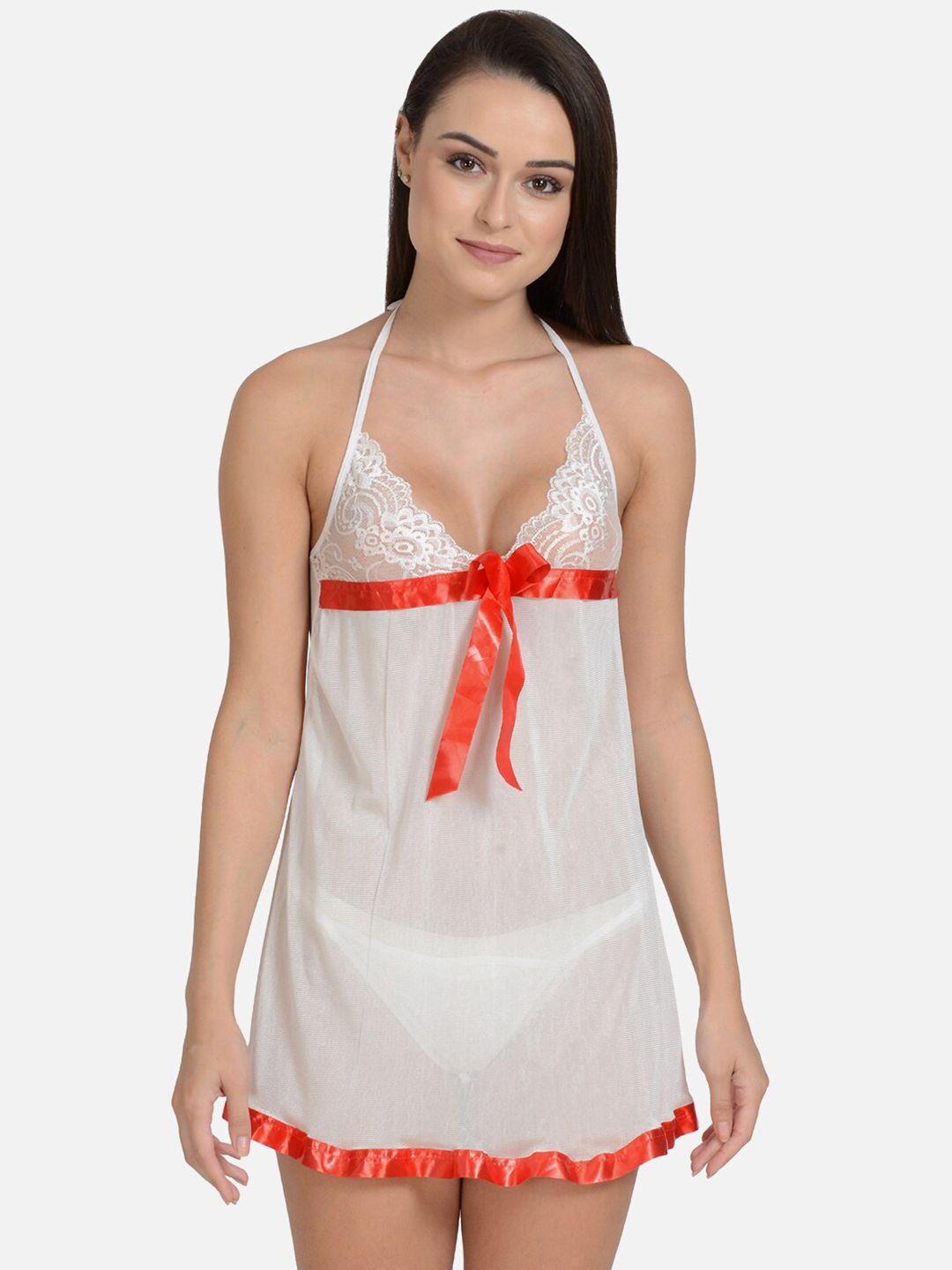 mod & shy white & red net baby doll with briefs