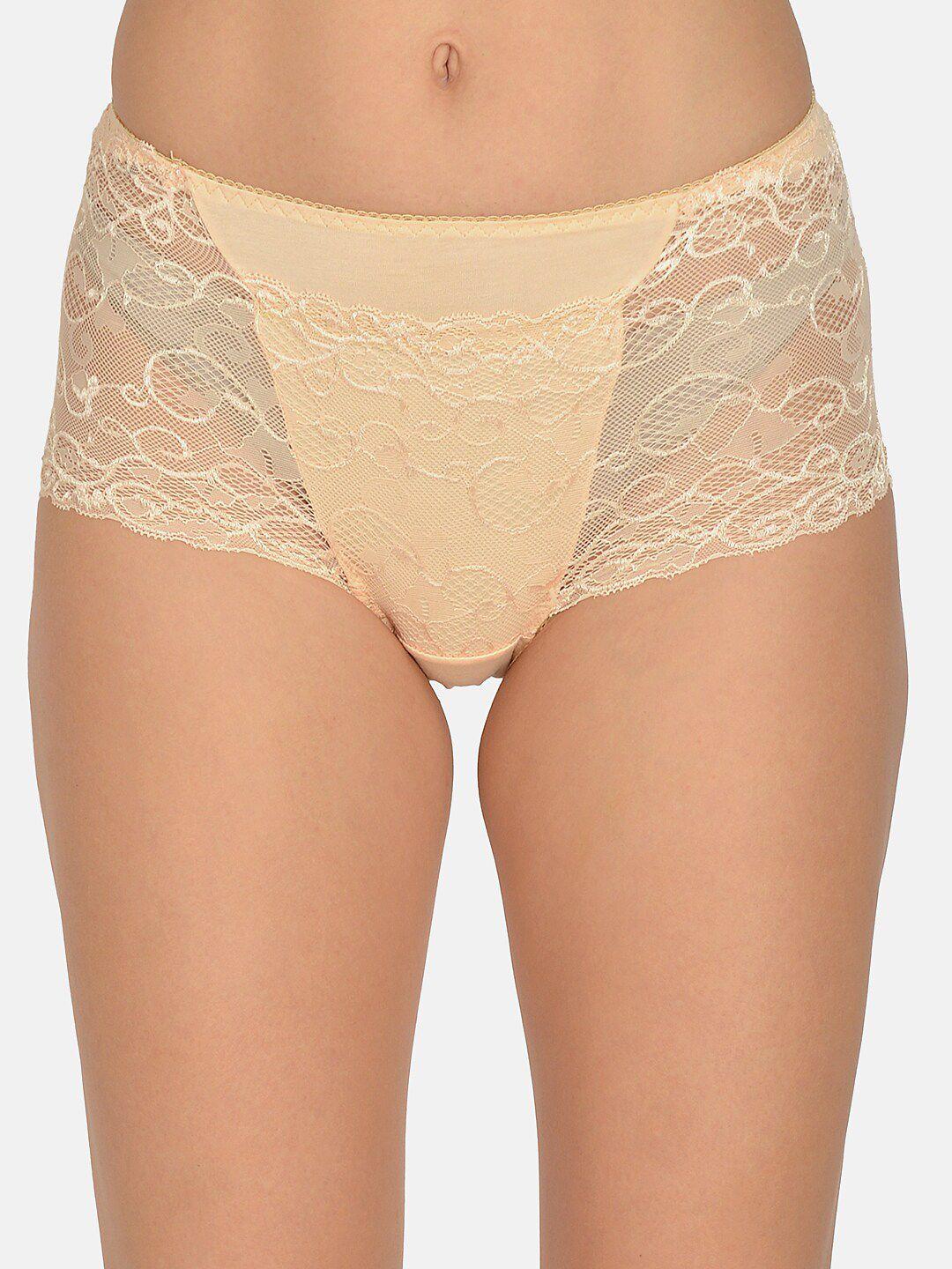 mod & shy women beige self design lace hipster pocket brief