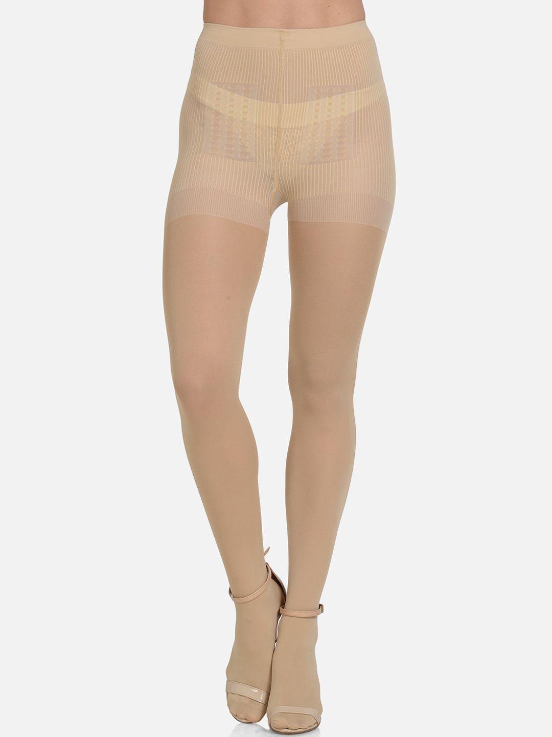 mod & shy women beige solid semi-sheer thigh-high pantyhose stockings