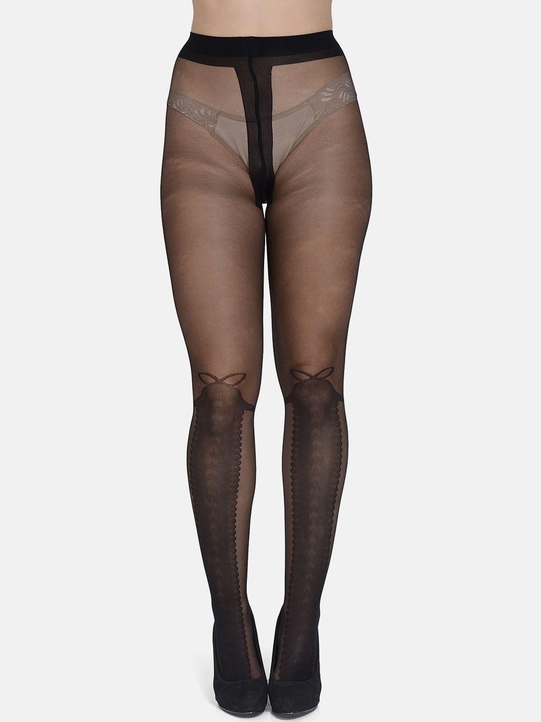 mod & shy women black self design full length pantyhose stockings