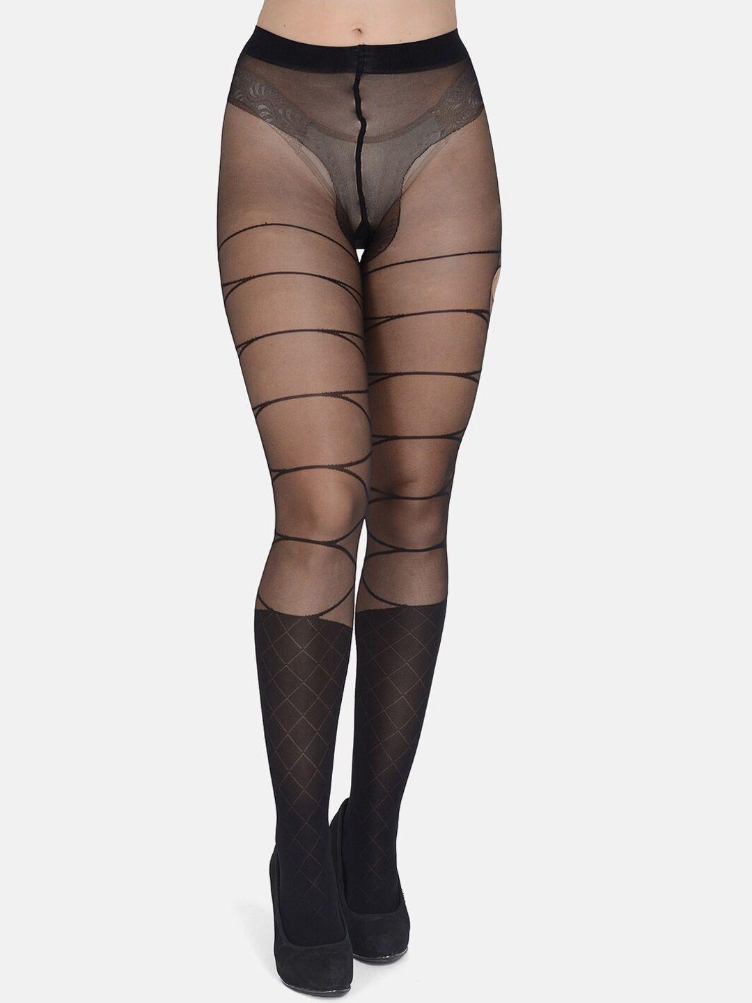 mod & shy women black self design pantyhose stockings