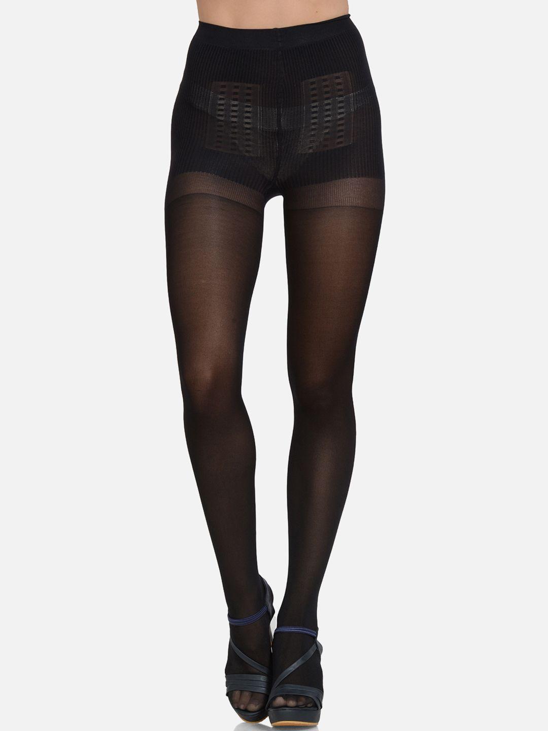 mod & shy women black solid semi-sheer thigh-high pantyhose stockings