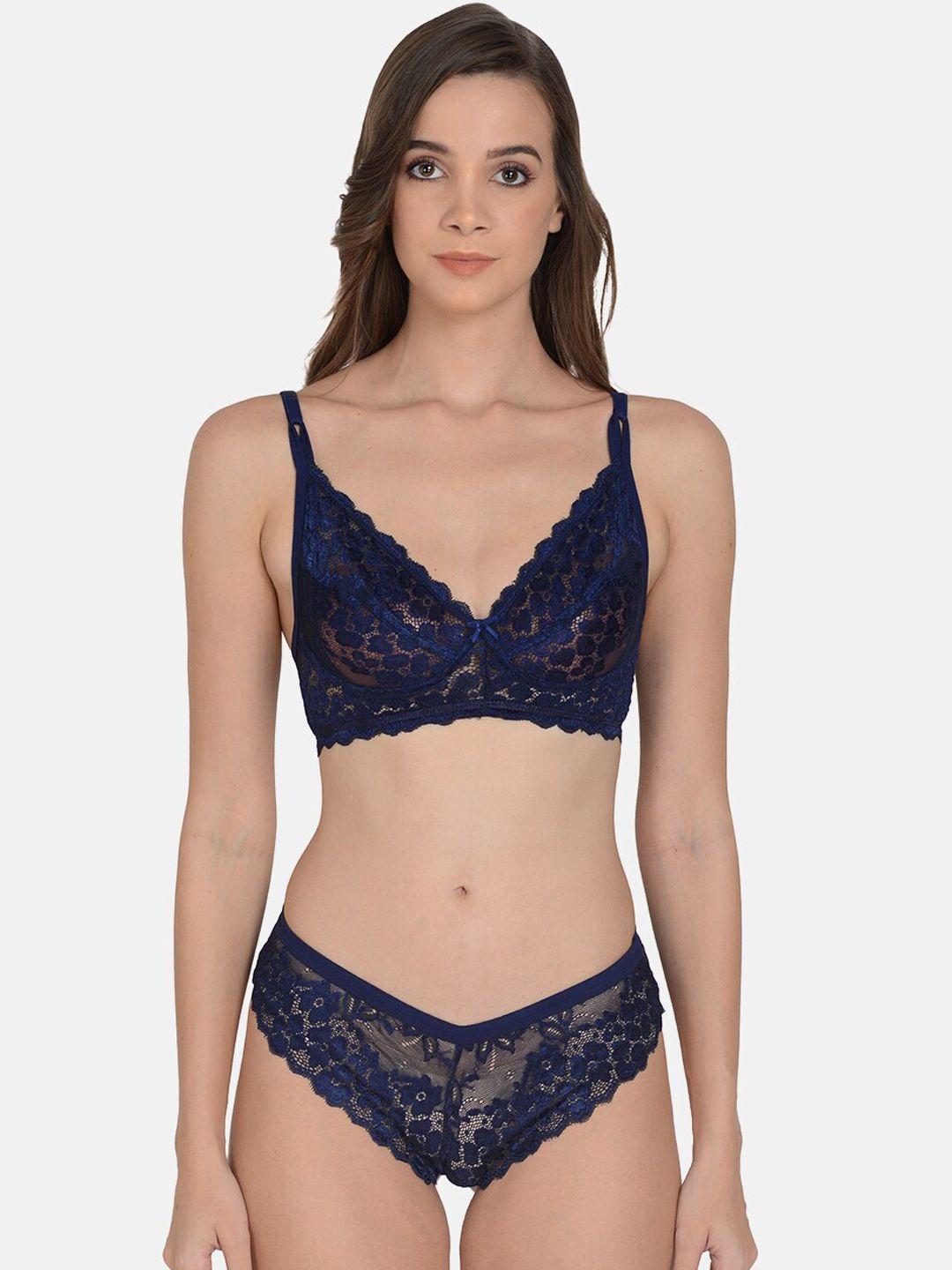 mod & shy women navy blue solid lingerie set