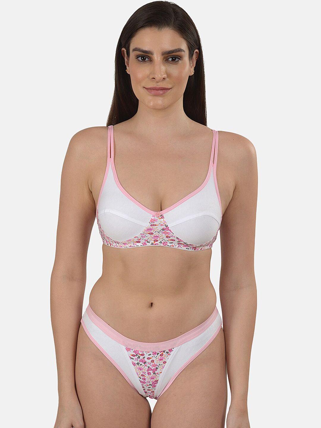 mod & shy women pink & white non padded, non wired lingerie set- ms348