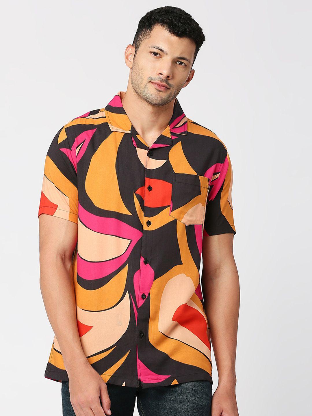 mod ecru abstract printed regular fit spread collar casual shirt