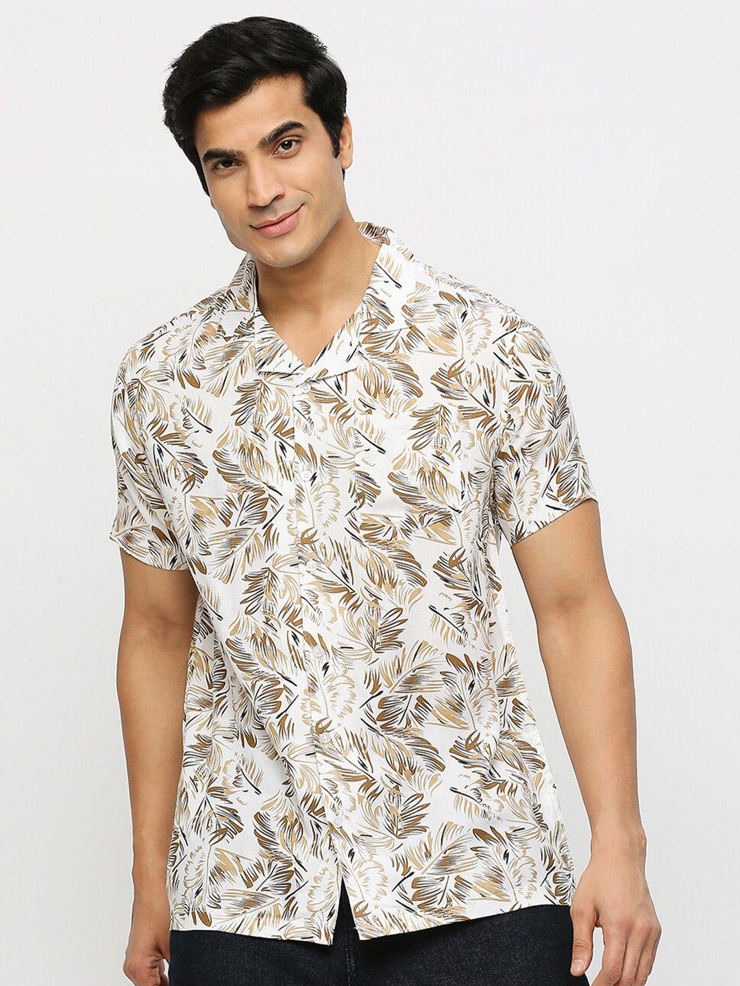 mod ecru smart floral printed cuban collar chest pocket casual shirt