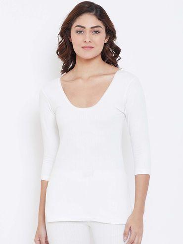 mod quilt round neck 3/4th sleeve off white thermal upper for women