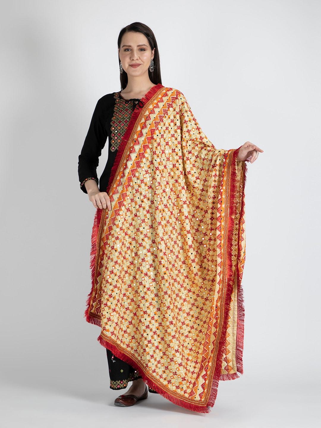 moda chales women beige & red embroidered dupatta with phulkari