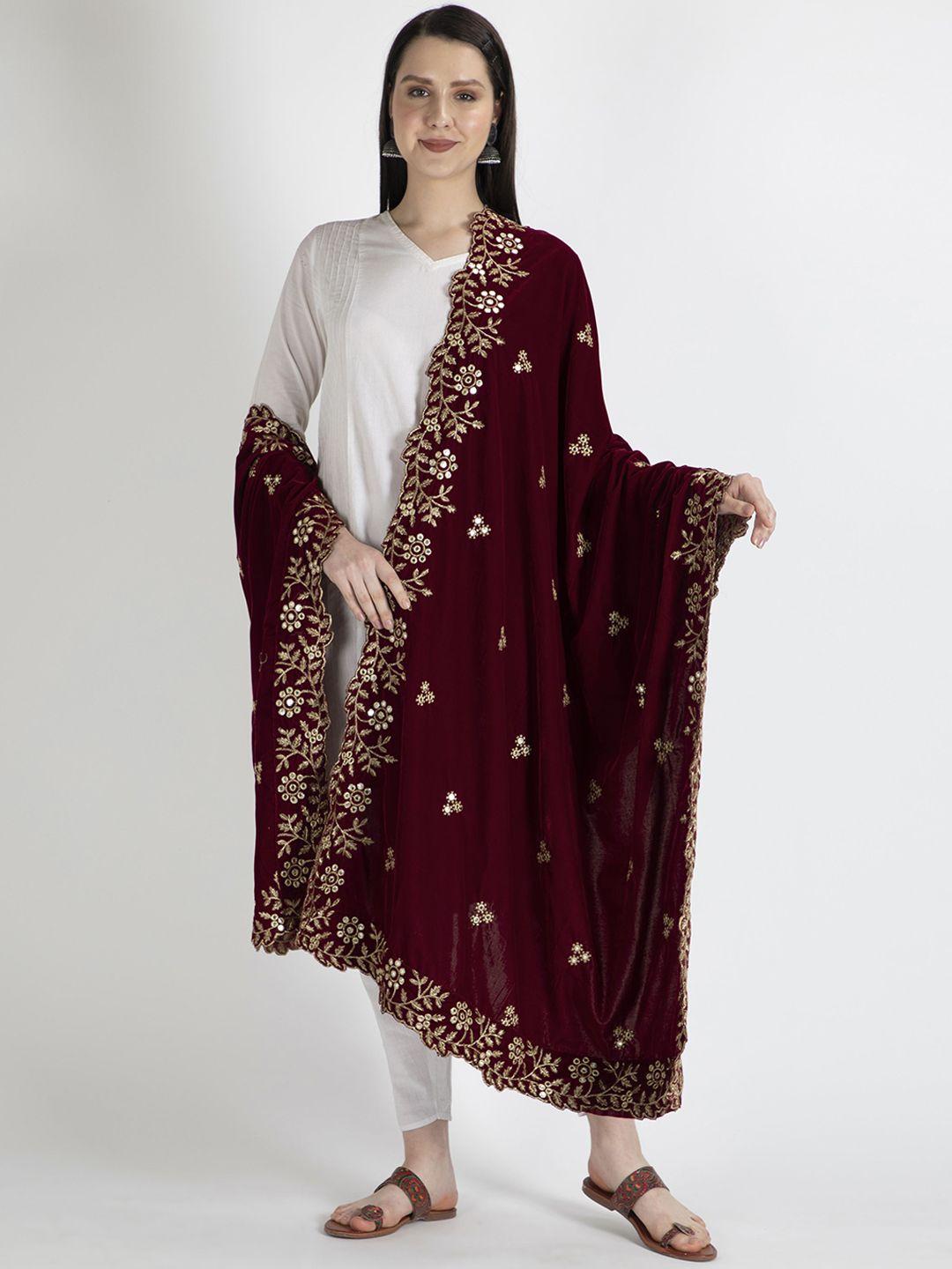 moda chales women maroon & gold-toned embroidered shawl