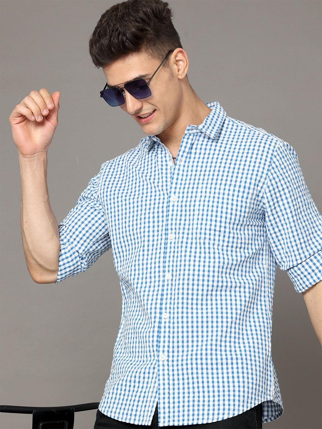 moda rapido blue & white gingham checked spread collar cotton slim fit casual shirt